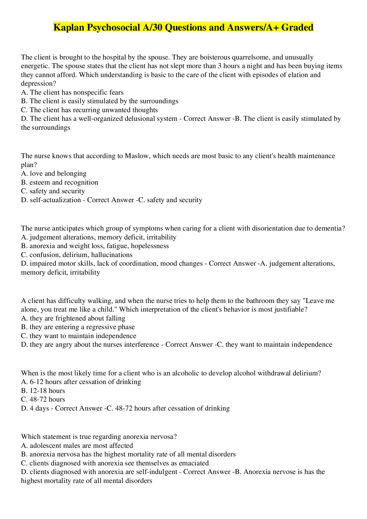 Preview image for Kaplan Psychosocial A/30 Questions and Answers/A+ Graded
